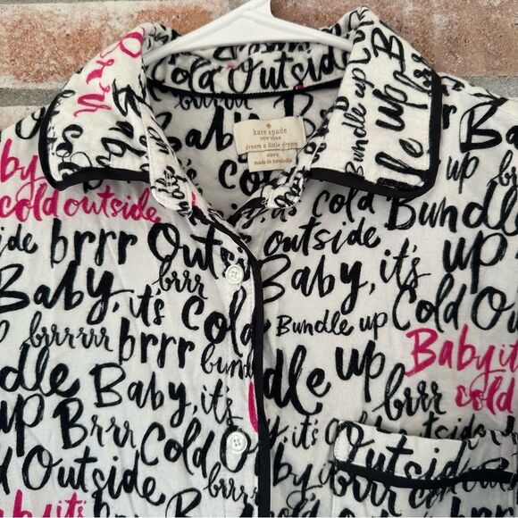 Kate Spade Flannel Pajamas Script Print Set Top Pants Women’s Small White Black - Picture 10 of 13